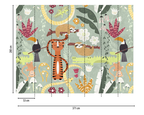 Fototapete mit Dschungelmotiv, inklusive Tiger, Faultier und Tukan