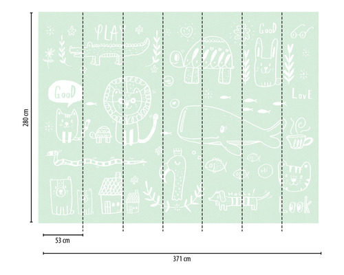 Fototapete mit kindlichen Zeichnungen von Tieren und Schriftzügen