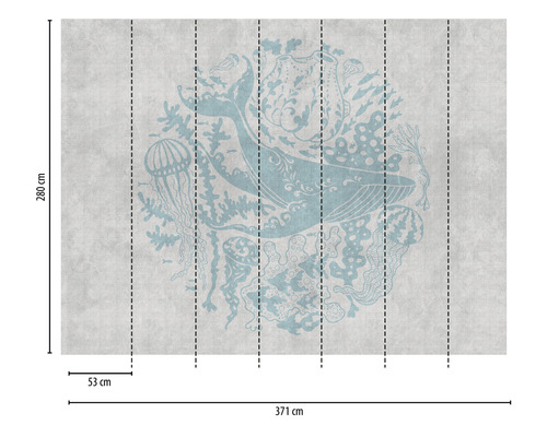 Fototapete mit Wal, Quallen und Korallenriff-Design mit den Maßen 371 mal 280 Zentimeter.