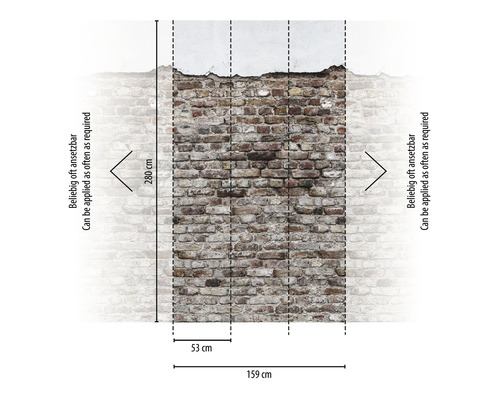 Fototapete mit Ziegelsteinmauer-Motiv und Größenangaben