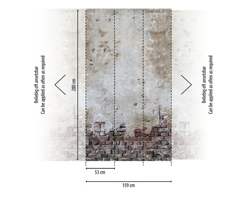 Tapetenwand mit Backsteinen und Putz mit Maßangaben