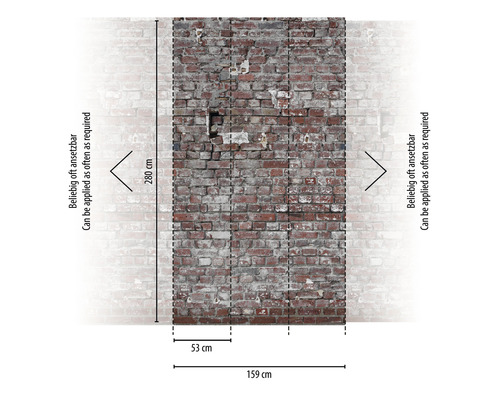 Fototapete Ziegelmauer mit Maßangaben 280 mal 159 Zentimeter