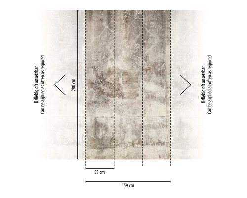Grafik mit den Maßen einer Tapete: 280 cm hoch, 159 cm breit, Bahnenbreite 53 cm, wiederholt ansetzbar.