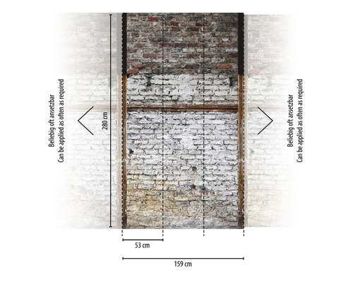 Maßangaben einer Backsteinwand: 280 cm Höhe, 159 cm Breite, 53 cm Abschnittsbreite