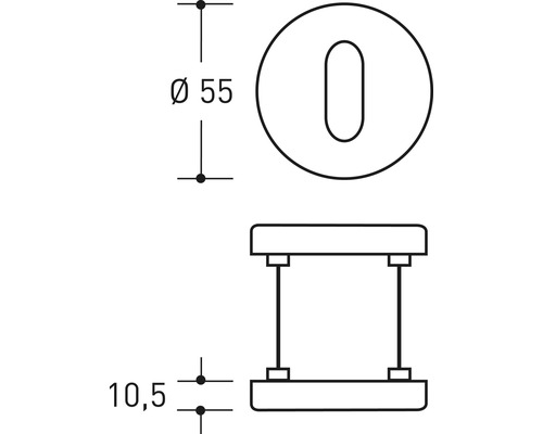 Technische Zeichnung eines Türbeschlags mit den Maßen 55 mm Durchmesser und 10,5 mm Höhe.