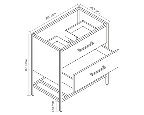Zeichnung eines Waschtischunterschranks mit Maßen: 740 mm Breite, 455 mm Tiefe und 820 mm Höhe.