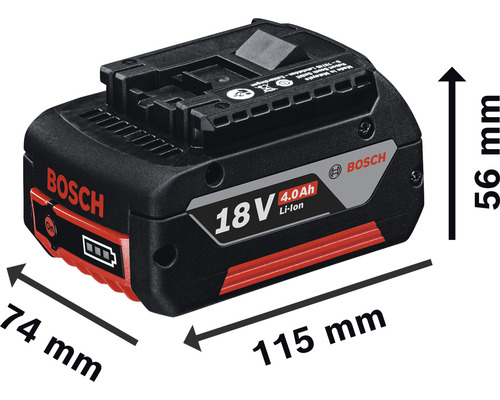 Bosch 18 Volt 4.0 Ah Lithium-Ionen Akku mit den Maßen 74 mm Breite, 115 mm Länge und 56 mm Höhe