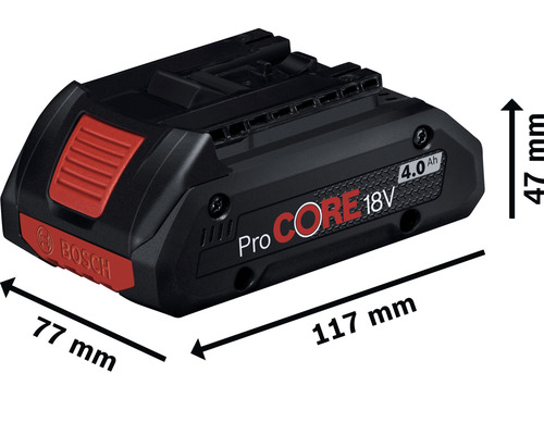 Bosch ProCORE 18V 4.0 Ah Akku mit Größenangaben