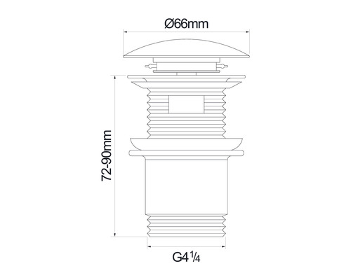 Zeichnung eines Ablaufventils mit den Maßen 66 mm Durchmesser und 72 bis 90 mm Höhe