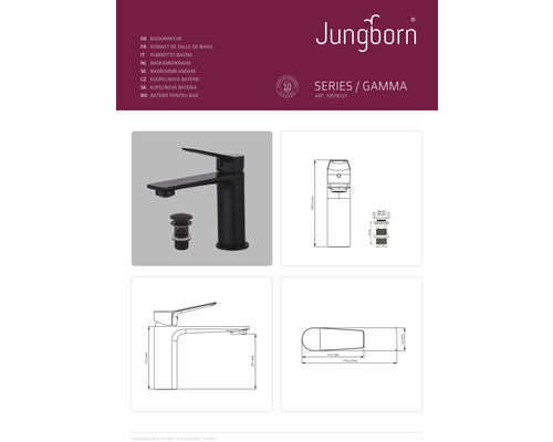 Jungborn Gamma Waschtischarmatur mit Ablaufgarnitur und Maßangaben