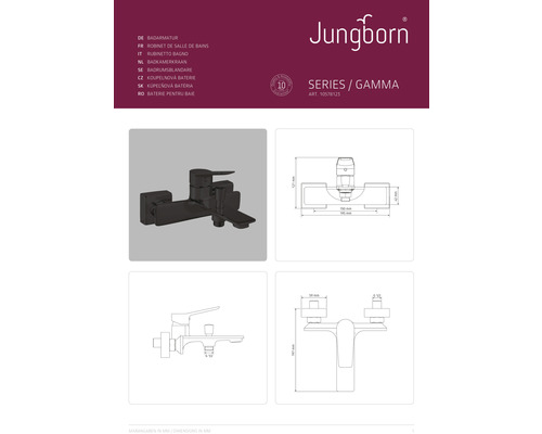 Jungborn Badarmatur Serie Gamma mit Maßangaben