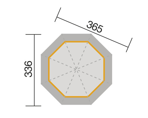Grundrisszeichnung eines Gartenhauses mit den Maßen 336 mal 365 Zentimeter.