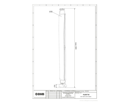 Technische Zeichnung eines flexiblen Fallrohrs mit Maßangaben