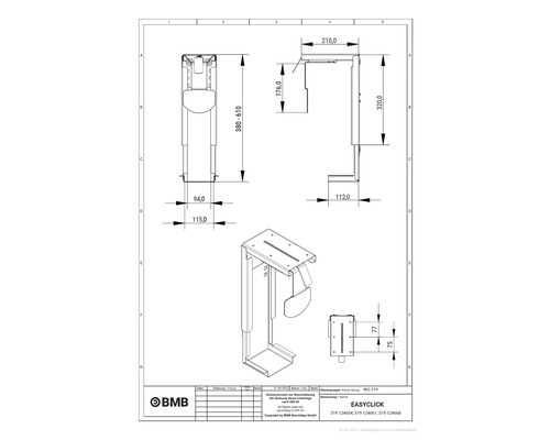 Technische Zeichnung eines Computerhalters mit Maßangaben