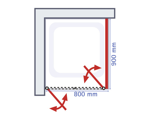 Technische Zeichnung einer Duschkabine mit den Maßen 900 mal 800 Millimeter