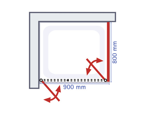 Skizze einer Dusche mit den Maßen 900 mm mal 800 mm und Schwenkbereich