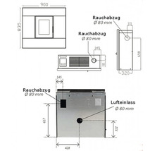 Technische Zeichnung eines Ofens mit Maßangaben zu Rauchabzug und Lufteinlass