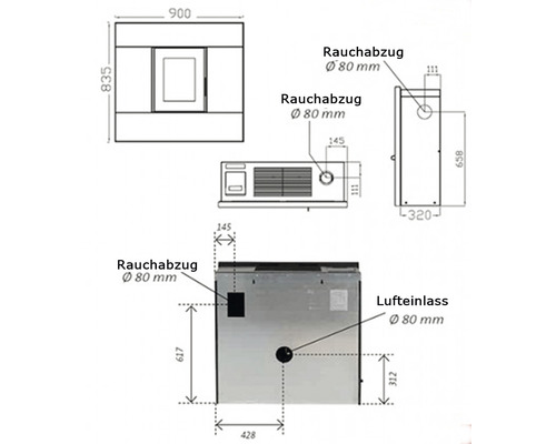 Technische Zeichnung eines Ofens mit Maßangaben für Rauchabzug und Lufteinlass