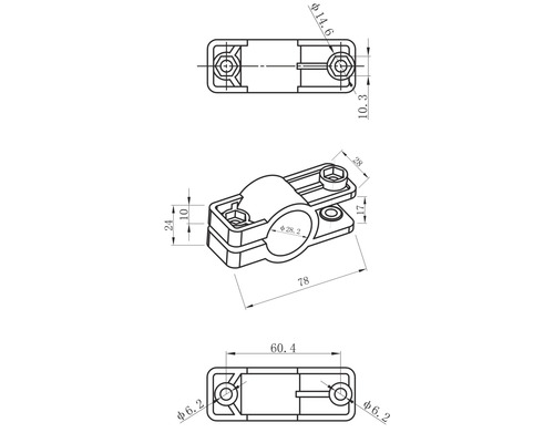 Technische Zeichnung einer Rohrschelle mit Maßangaben.