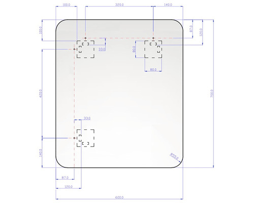 Technische Zeichnung eines Spiegels mit Maßangaben