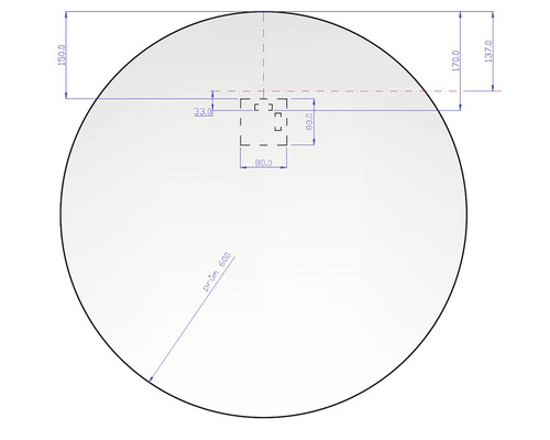 Technische Zeichnung eines Kreises mit quadratischer Aussparung und Maßangaben