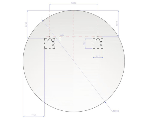 Technische Zeichnung eines runden Spiegels mit Maßangaben