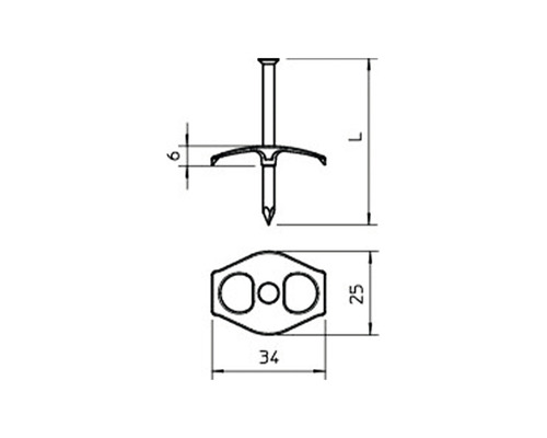 Technische Zeichnung für eine Nagelschelle mit den Maßen 6, 25 und 34.