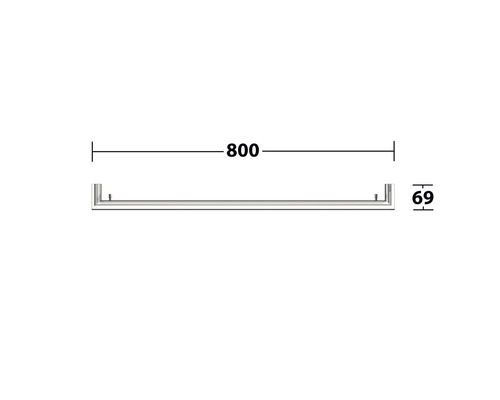 Abmessungen eines Handtuchhalters: Länge 800 mm, Tiefe 69 mm.