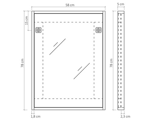 Technische Zeichnung eines Spiegelschrankes mit Maßangaben