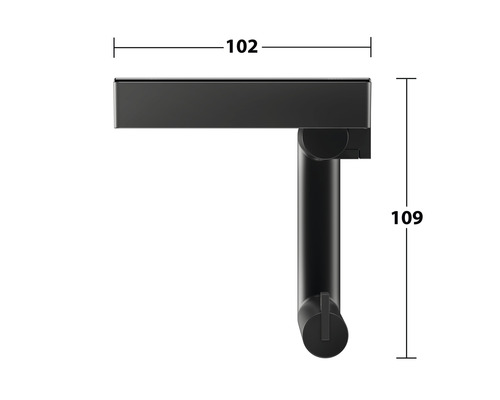 Maßzeichnung eines schwarzen Toilettenpapierhalters mit den Maßen 102 mal 109 Millimeter.
