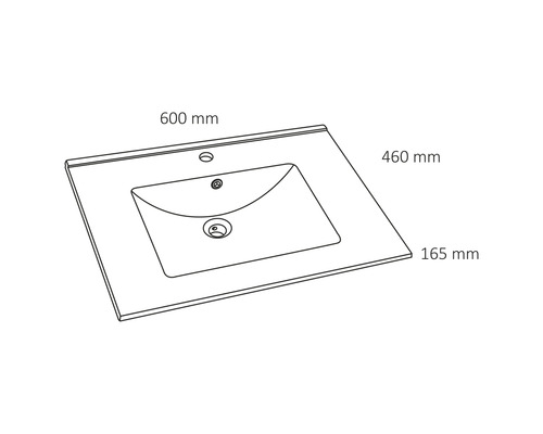 Zeichnung eines Waschtischs mit den Maßen 600 mm x 460 mm, Höhe 165 mm.