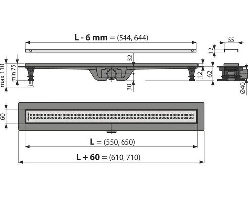 Zeichnung einer Duschrinne mit Maßangaben