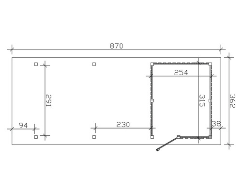 Grundrisszeichnung eines Gartenhauses mit Abmessungen