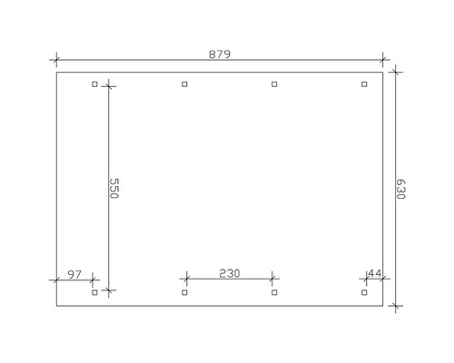 Technische Zeichnung mit Maßangaben für ein Möbelbauteil, Länge 879 mm, Breite 630 mm