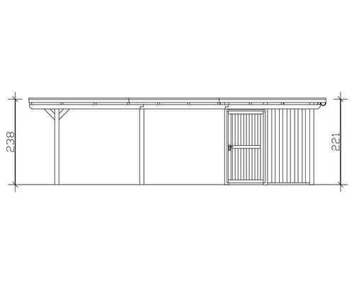Technische Zeichnung eines Holzcarports mit Geräteraum und Höhenangaben