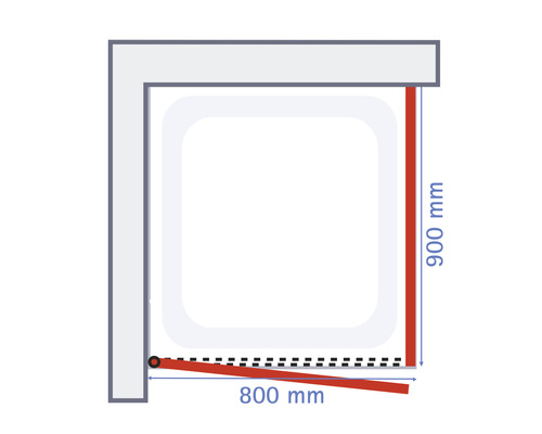 Technische Zeichnung einer Duschkabine mit den Maßen 900 mm mal 800 mm