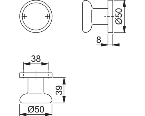 Technische Zeichnung eines Möbelknopfes mit Maßangaben