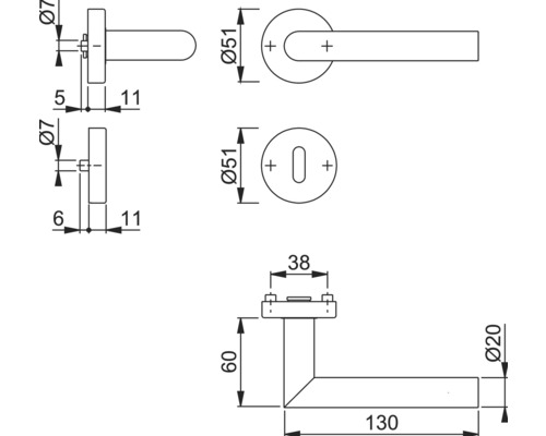 Technische Zeichnung eines Türdrückers mit Maßen.