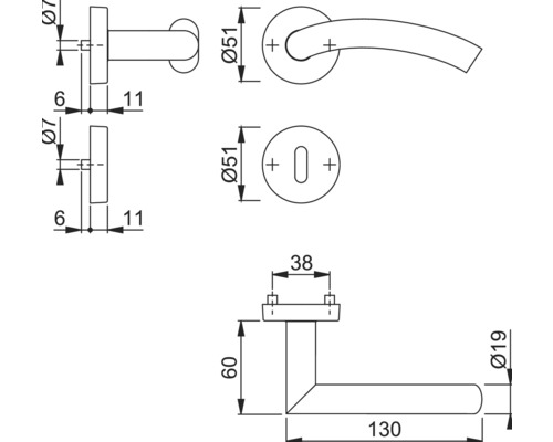 Technische Zeichnung eines Türdrückers mit Maßangaben
