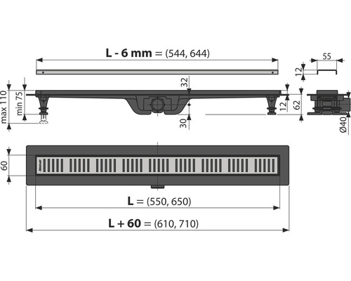 Technische Zeichnung einer Duschrinne mit Maßen.