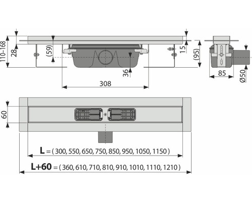 Technische Zeichnung einer Duschrinne mit Maßangaben