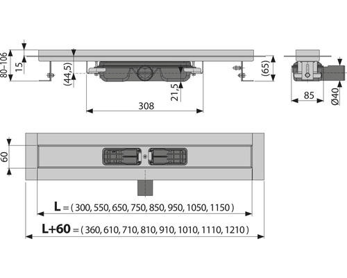 Technische Zeichnung einer Duschrinne mit Maßen