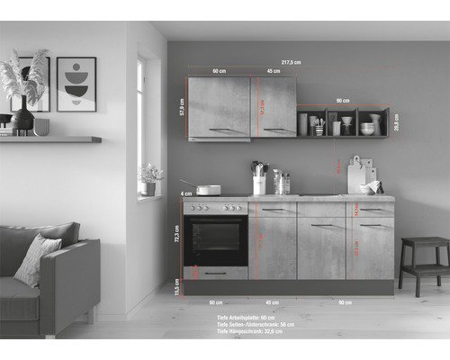 IMPULS Küchenzeile PESCE 195 cm Frontfarbe beton matt Korpusfarbe graphit montiert Variante links