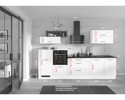 Küchenzeile mit Hängeschränken, Schubladen und Elektrogeräten mit Maßangaben