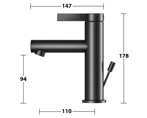 Zeichnung eines Wasserhahns mit Maßangaben.