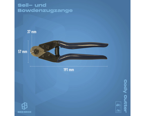 Seilzugzange zum Schneiden von Seilen und Zügen mit den Maßen 37 mm, 57 mm und 191 mm.