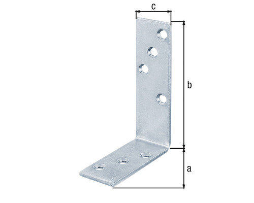Winkelverbinder aus Metall mit Löchern und Maßangaben a, b und c