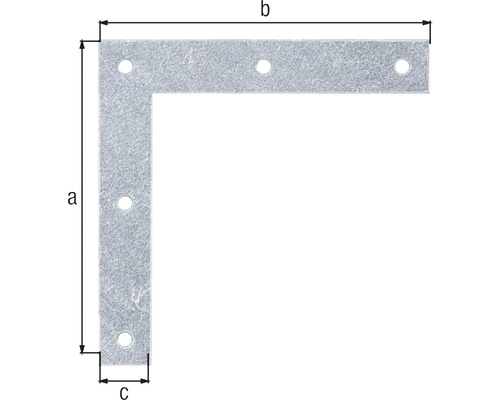 Winkelverbinder mit Bohrlöchern und Maßangaben a, b und c