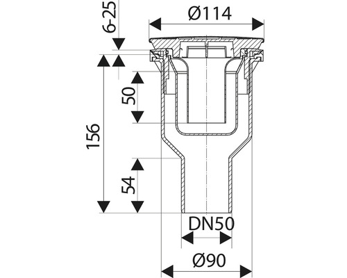 Technische Zeichnung eines Bodenablaufs mit Maßangaben
