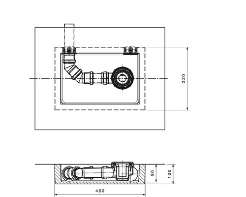 Technische Zeichnung eines Duschwannenablaufs mit Maßangaben